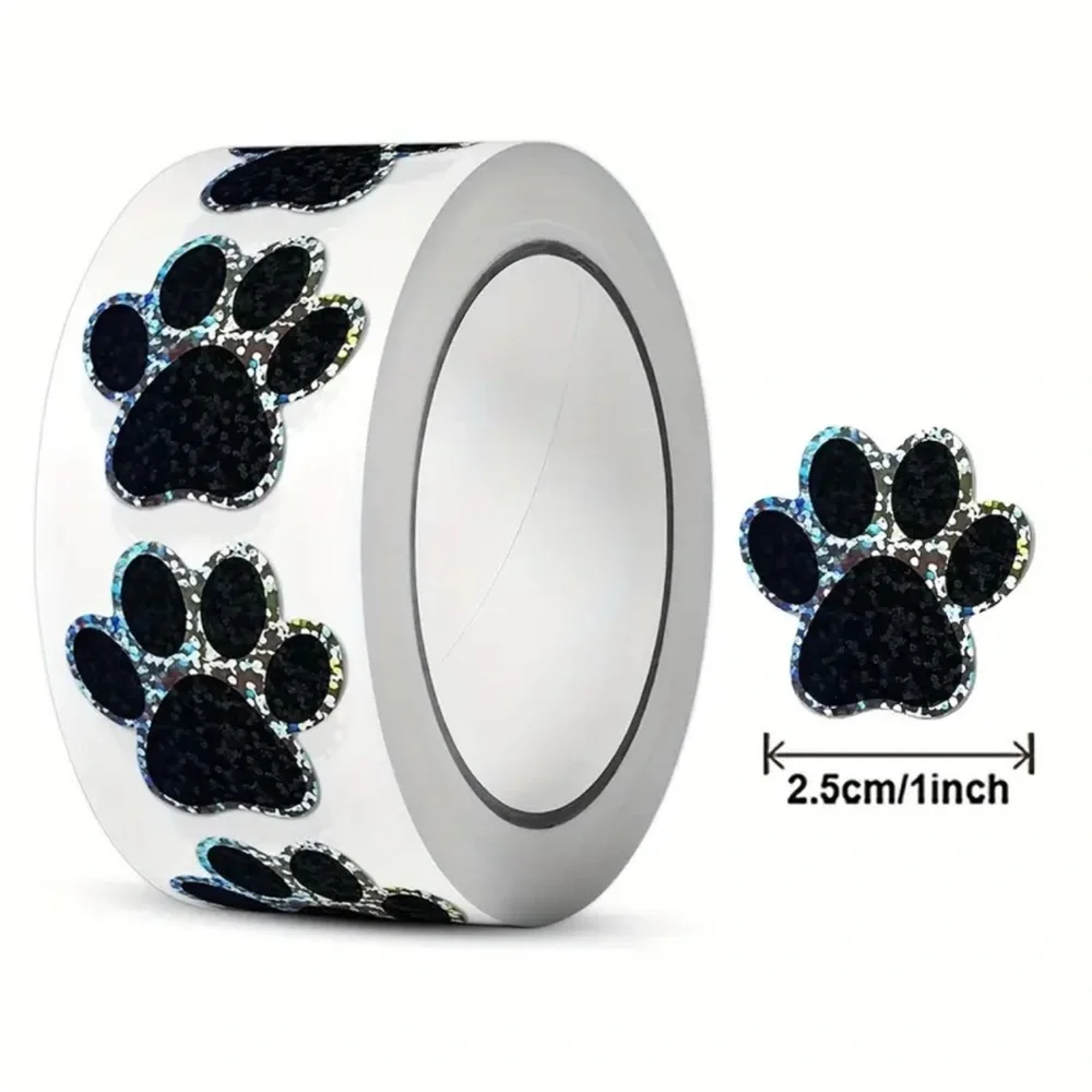 Roll of 500 Paw Print Black Silver Glitter Stickers - Picture 2 of 2